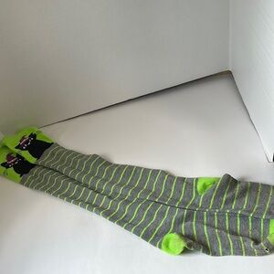 Super long tall black witch cat gray green striped knee socks Halloween